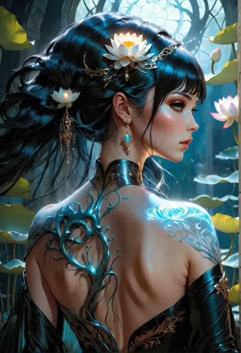 Arafed, Dark fantasy art, fantasy art, goth art, a picture of a tattoo on the back of a female elf, a glowing tattoo of a ((white lotus: 1.3)) on the elfs back, the ((lotus 1.3), she wears a transparent black dress, the dress is elegant, flowing, elven sty...