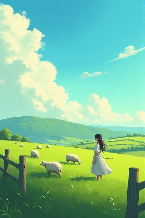 Woman, green field, blue sky, sheep, wood fence.