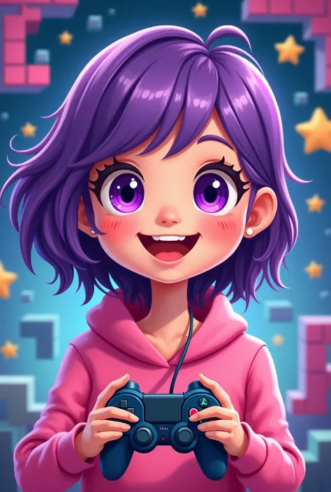 Cartoon Child Girl with purple hair, purple eye, fair skin who likes video games with video game pattern background cartoon