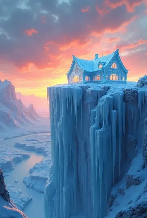 masterpiece、 Highest quality、 Highly detailed、8k、 High resolution、Ice carved house on ice cliff、sunset、clouds in the distance、