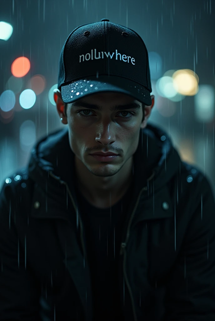 A handsome guy facing forward sitting at a bench in the night looking forward but up to me as the rain came down his face. He is wearing a cap that has the words on it saying "noluvhere"