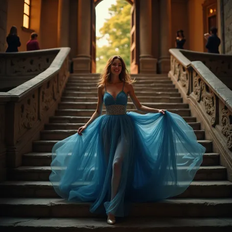 Realistic, single young woman, 20 years old, Cinderella, wearing flowing elegant blue ball gown, rushing down grand castle staircase, dynamic motion, hair and dress billowing, moonlit night, warm golden lights from castle windows, full body shot from a dis...