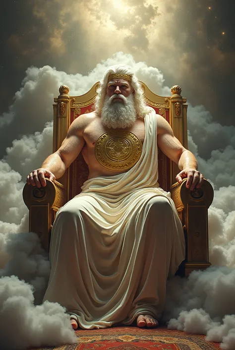 Zeus with mark on his outfit "Cheesus", sitting on a throne and "The Djo" on the throne,  le tout suspendu dans les nuages et prêt pour la guerre 