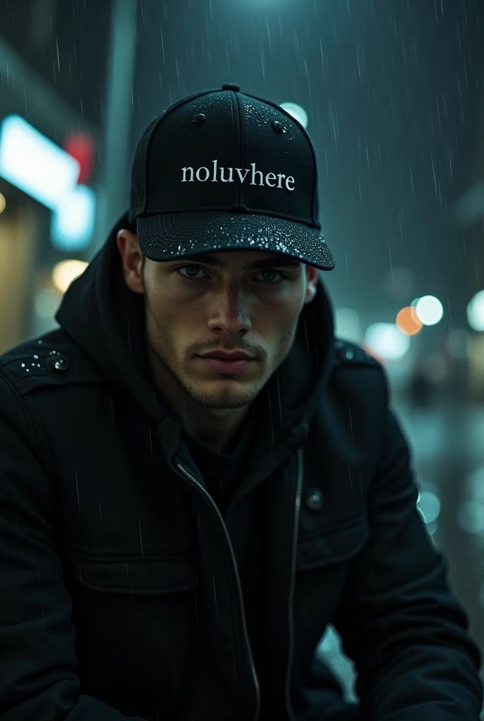 A handsome guy facing forward sitting at a bench in the night looking forward but up to me as the rain came down his face. He is wearing a cap that has the words on it saying "noluvhere"