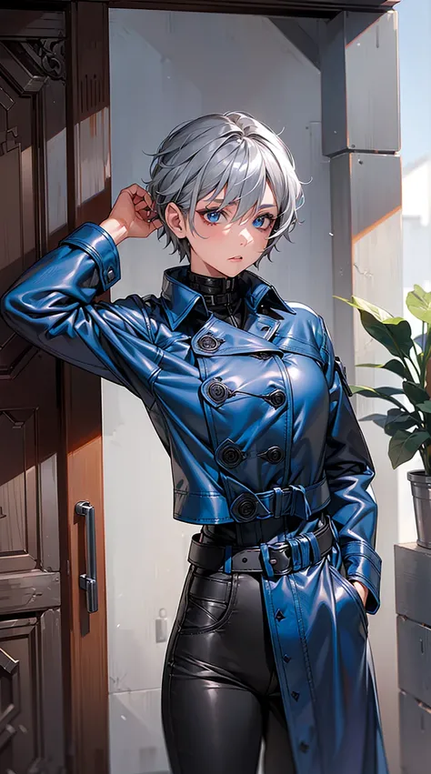 (Adult female), (Gray Hair, Ultra-short:1.3), Blue colored eyes, Medium chest, (Blue leather raincoat), belt, pants, office, masterpiece, high quality, ((NFSW:1.3))