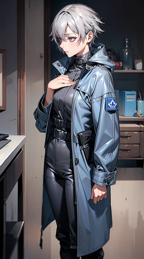 (Adult female), (Gray Hair, Ultra-short:1.3), Blue colored eyes, Medium chest, (Blue leather raincoat), belt, pants, office, masterpiece, high quality, ((NFSW:1.3))