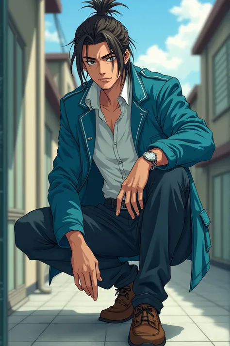 Japan anime delinquent man, open cyan gakuran with collar shirt, long pants, chain wallet, loafers, man bun hair, crouch on floor