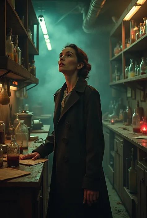 Marie Curie surrounded by early 20th-century lab equipment, with radioactive materials glowing ominously. The scene is tense, showing the moment she realizes the significance of her findings, with dramatic lighting."