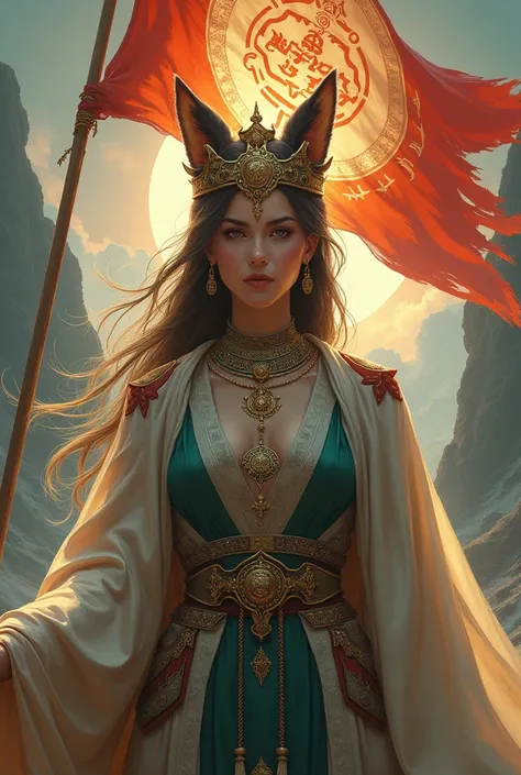 A goddess with a fox crown with markings on her outfit "lareenarde" with a flag marked "the djo"

