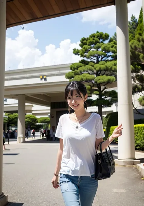  (((コンパニオンの20-year-oldの日本人女性))),  (((Entrance concourse of the pavilions at the World&#39;s Fair))),A boldly composed photograph of a Japanese woman that looks like it was taken by a famous artistic photographer, (((Blockbuster art photography)), (8k, High...