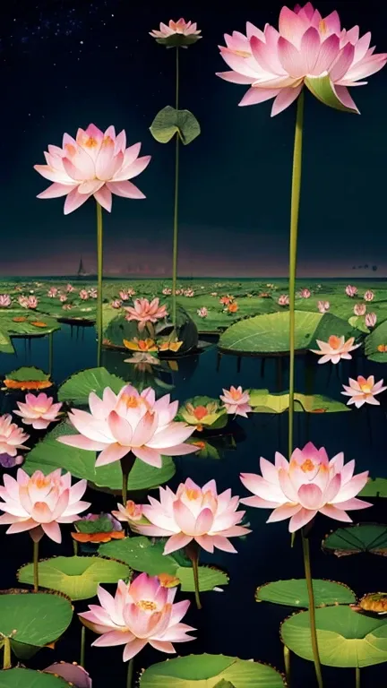 ( surrealism ) a surreal scene involving (lotus flowers:1.5), lotus world. a world made of lotus. lotus are everywhere, involvin...