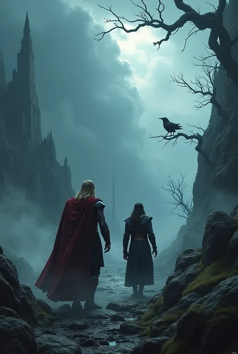 Thor and Loki in a journey together in a scary land realistic image 