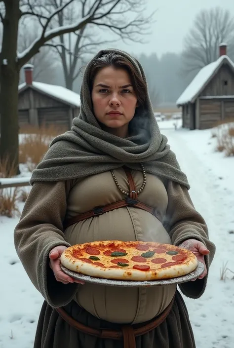 tall woman  very pregnant a peasant woman from the 1700s   winter serving  warm pizza