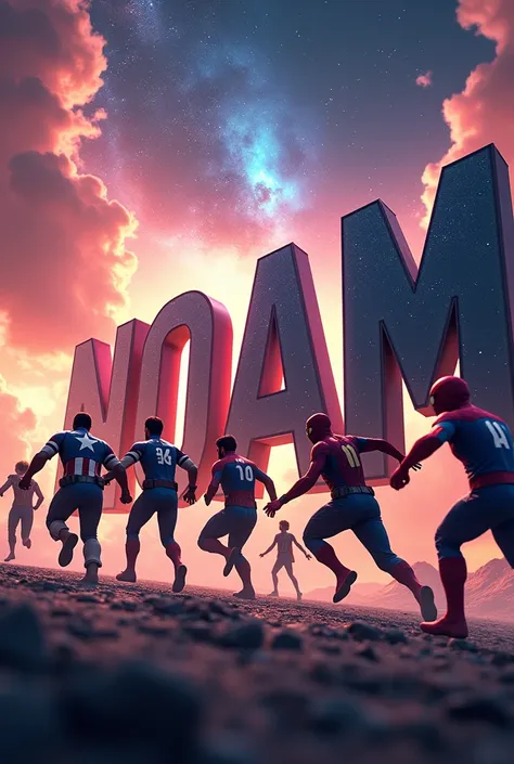 On a galactic background The Avengers with Spiderman in the foreground rush towards the word NOAM written in capital letters in 3D The colors are bright and vibrant Realistic version  