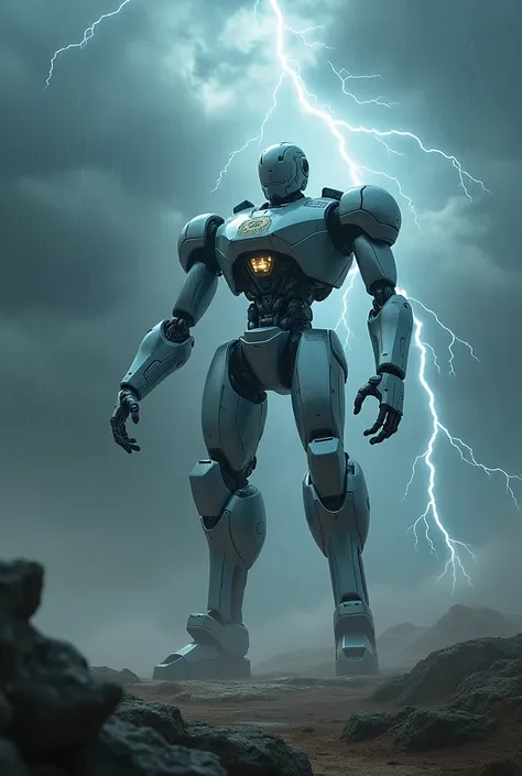 A robot is controlling the weather, summoning rain and lightning with its gestures.