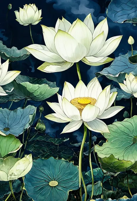 dark ink blue-green background. a large white lotus. lotus pod. one lotus bud. lotus leaf. lotus pod. smoke. thick smoke mixed w...