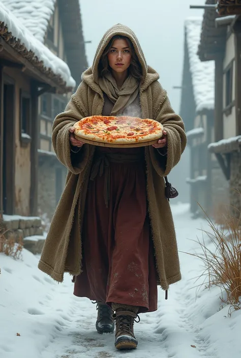 tall woman  fit a peasant woman from the 1700s   winter serving  warm pizza