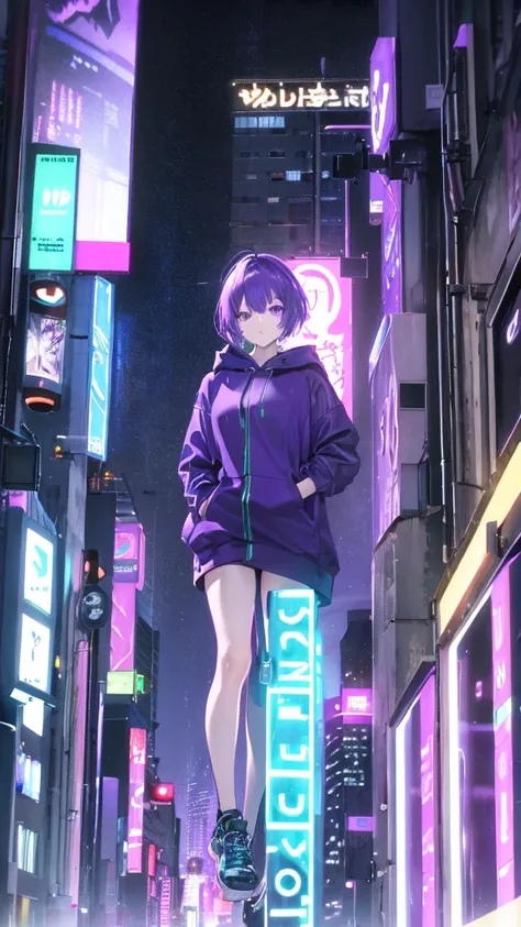 Purple Short Hair, Purple eyes, hoodie, Cyberpunk Teen Standing Tall, Vast city skyline shrouded in darkness, Illuminated only by vibrant neon light reflecting off wet neon, Rain-soaked street. High-rise buildings、It should be adorned with holographic sign...