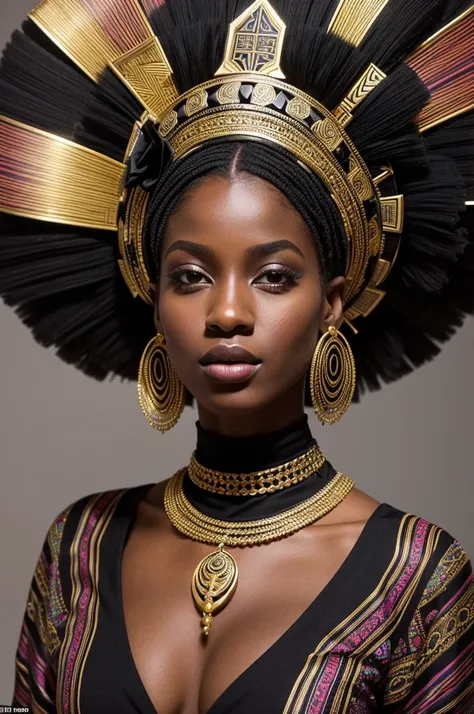 Picture a young black skinned woman dressed in a smart and stylish outfit inspired by exotic shapes and patterns. On her head is a tall headdress of an extravagant shape, adding mystery and sophistication to the image. The style of this image should reflec...