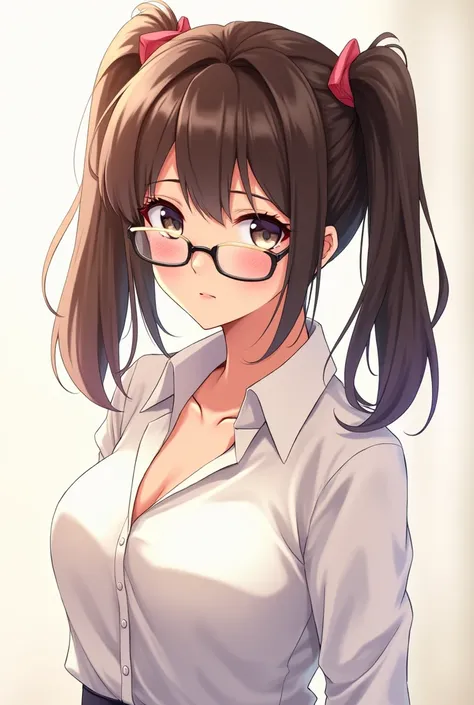 anime, Duvushka, Glasses, long hair, brunette, ponytails, a white blouse, The button is undone, bust