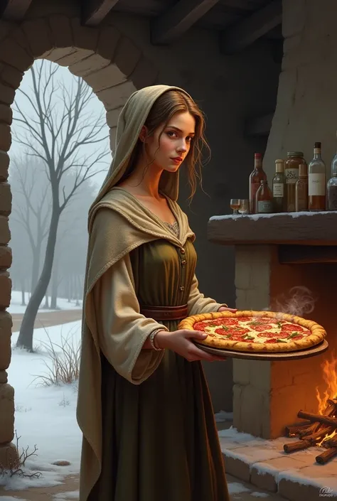 tall woman  young a peasant woman from the 1700s   winter serving  warm pizza