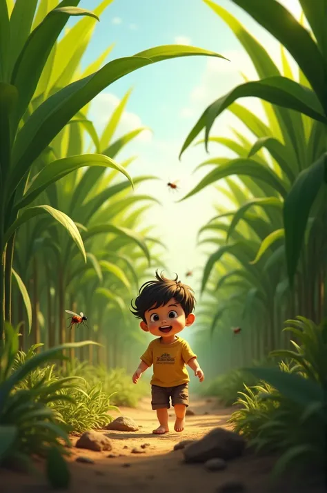 A 3 year boy playing in a wild sugarcane field