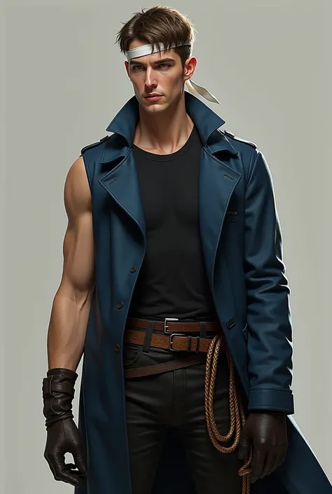 Make a man with short brown hair, a white ribbon tied to the forehead, blue sleeveless trench coat, black t-shirt, leather belt, leather gloves, white pants, long leather boots and a whip at the waist.