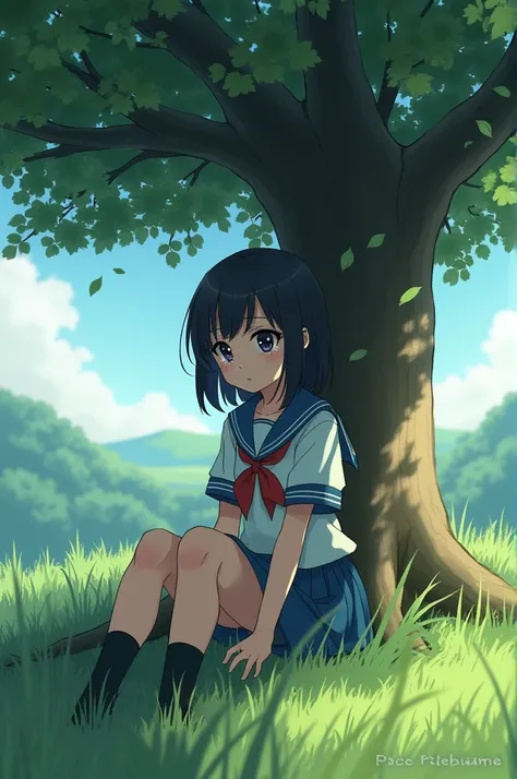 Anime schoolgirl, sitting under a tree, crying, 