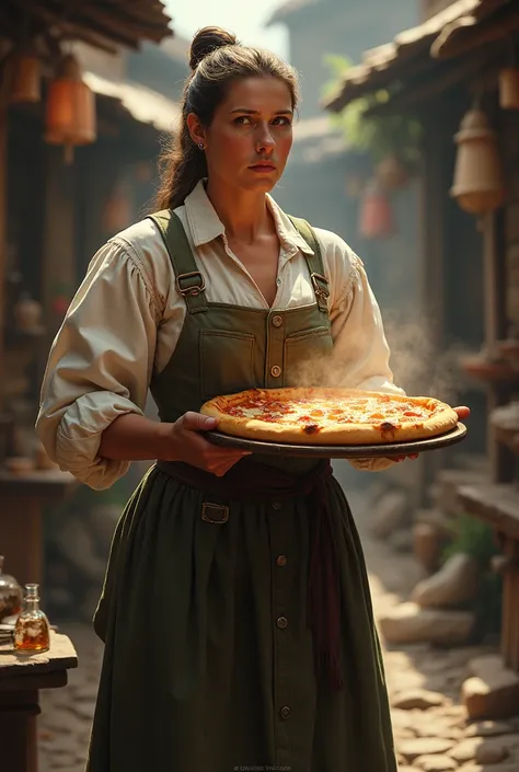 tall woman  fit a peasant woman from the 1700s   serving  warm pizza witch