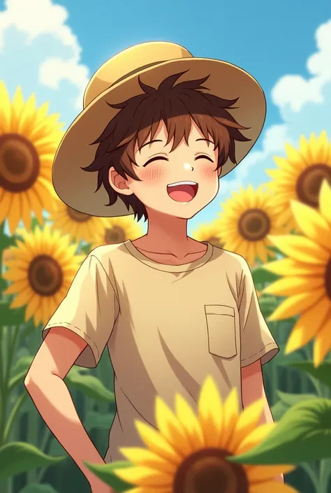 Anime boy in sunflower field wearing straw hat. a smile. happy. Best quality, details, Brown hair, Close eyes, I smile, Simple background, 