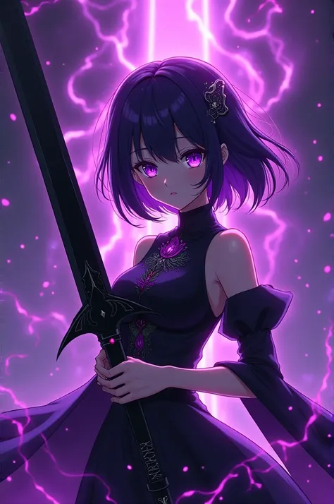 Anime character with purple aura, purple eyes and a black sword