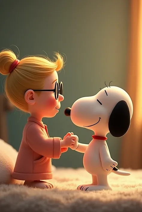 Draw a blonde lady with glasses and a bun in her hair holding hands with Snoopy wishing him a good night 