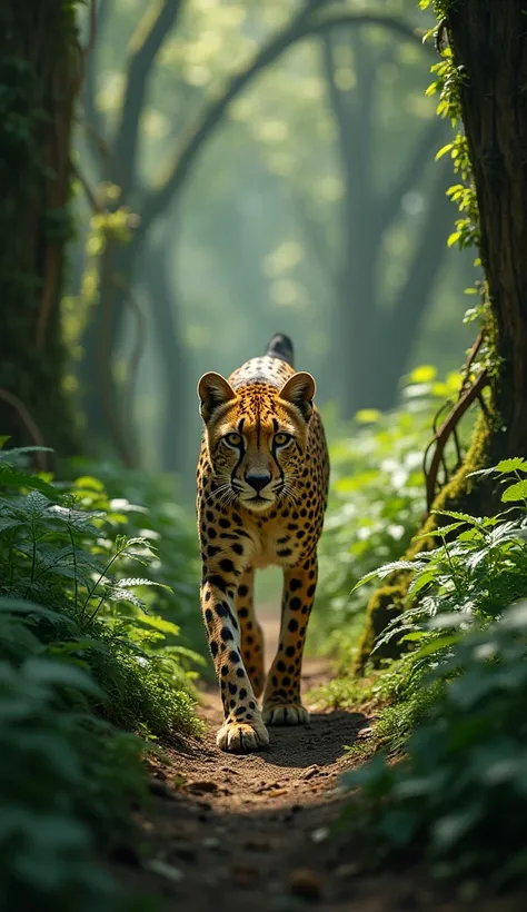 A cheetah is roaming in a dense forest.image in real hd.