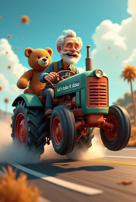 A tractor speeding down the highway, doing a wheelie, driven by an elderly farmer and a teddy bear, the tractor has the words "Lets take it slow" designed on it, 3D animation style, humorous scenes, bright colorful colors, surrealism, high-definition reali...