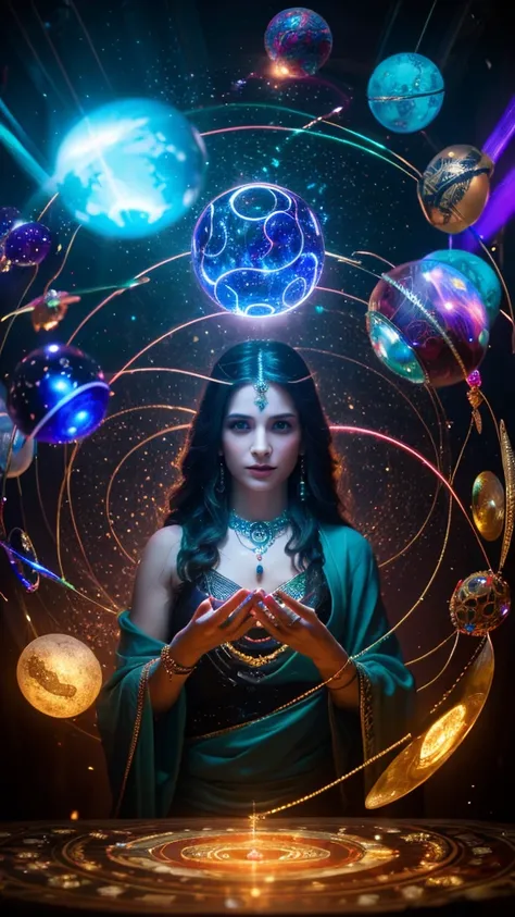 (best quality,highres),mysterious and goddess-like fortune teller, surrounded by swirling lights and shadows in a room that resembles the vastness of the universe. She wears multiple layers of circlets and necklaces, with her hands gently hovering over a l...