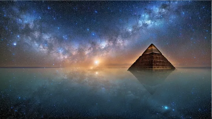 一座古老的pyramid漂浮在无限的宇宙中. pyramid上星星稀疏. masterpiece, sharp, ultra detailed, main part、upscale、excellent image quality、8k picture qu...