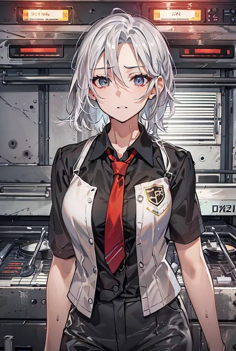 Textured skin, Highest quality, Shortcuts, Silver Hair, Grey Eyes, female,Wet Hair, Three white eyes, Medium Hair, Character portrait, Anime Style,Black Shirt,"OVEN"Black suit with logo,Unbuttoning,Red tie,Beige vest,Glare