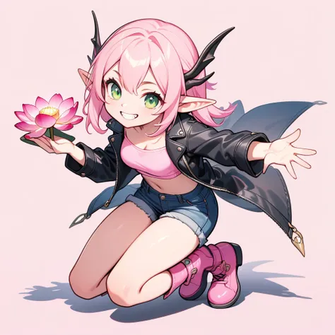 1 elven girl, solo, full body, one kneel and holding out a pink lotus flower, grin, pink Spiky Hair, green eyes. drooping thin Pointed Ears, pink tube top, black leather jacket, denim shorts, pink boots, simple background