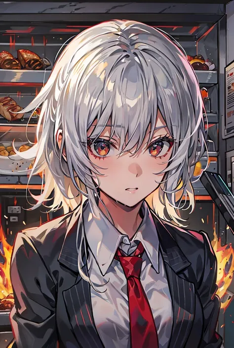 Textured skin, Highest quality, Shortcuts, Silver Hair, Grey Eyes, female,Wet Hair, Three white eyes, Medium Hair, Character portrait, Anime Style,Black Shirt,"OVEN"Black suit with logo,Unbuttoning,Red tie,Beige vest,Glare