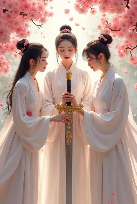 Highest quality, masterpiece, High resolution,Three Girls,Beautiful Face,whole body,Chinese clothing,White Taoist Robe,Holding the sword in his right hand (Lavish decoration),Peach Tree,