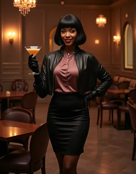 professional photo. cocktail room of opulent supper club. bathed subdued, warm light. lounge chairs and sitting areas. Standing. taller than viewer. Holding a tall cocktail glass  A tall, (black), middle aged woman. French african. chin length bobcut style...