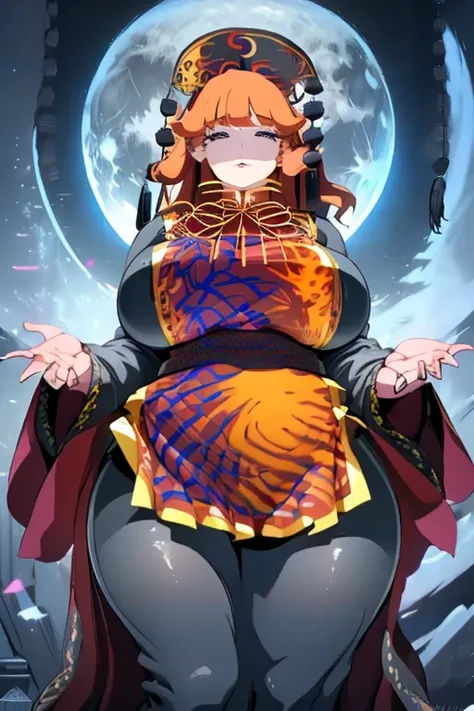 ((best quality, 4k, 8k, anime girl)), (((ssbbw))), (((ussbbw))), ((chubby)), ((immobile)), front view, (((very tight clothes))), (((extremely detailed face))), beautiful eyes, (evil smile), long colorful hair, (intimidating pose), detailed hands, cinematic...