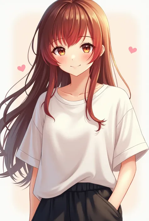 beautiful anime girl, long brown hair, brown eyes, feminine figure, white oversized t-shirt and black oversized pants,very cute face, charming smile, red bangs 