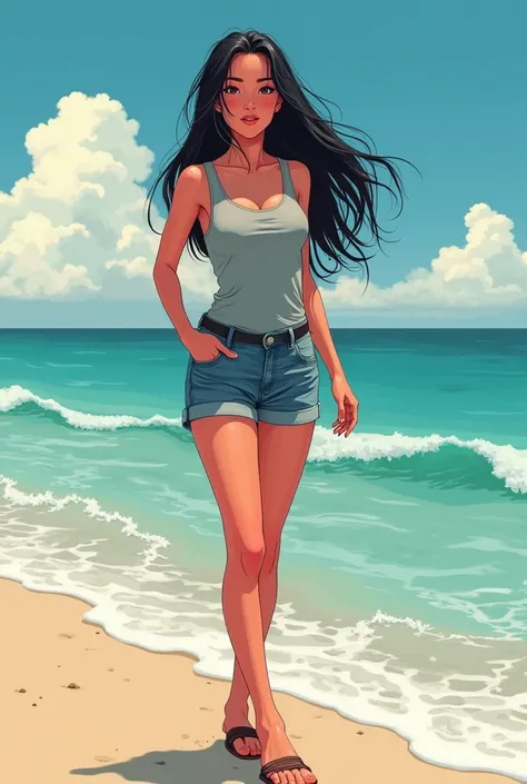 adult girl with black hair in jean shorts and a grey tank top at the beach in 70s anime drawing style. she has a tanned pink redish skin color.