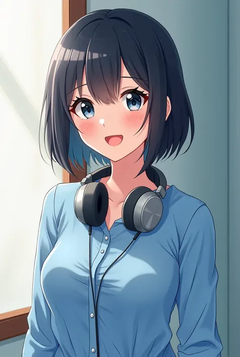 Twenty-five years old one anime girl who has black short hair without bang, black eyes, pink lip and wearing blue blouse and headphones on neck and speaking with smile. Show me all body.