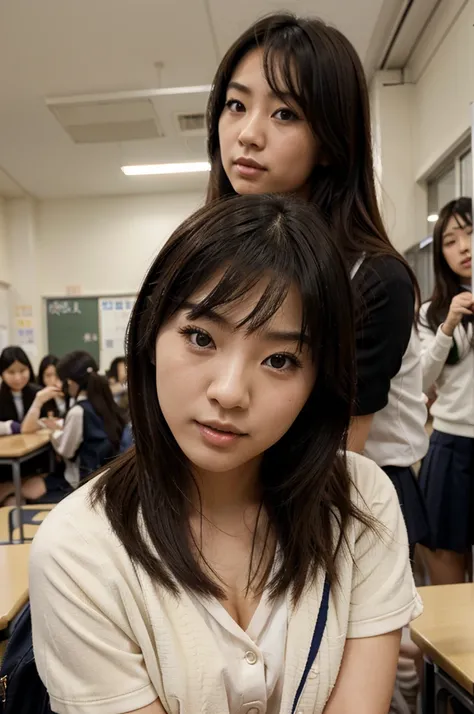 2 japanese woman kissing, crowded classroom, school uniform outfit, girl, hyper detailed, model, textured skin.