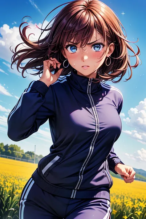 Girl posing for photo, animeのcute少女, ((One Girl)), ((Baby Face:1.3)) + ((cute:1.3)), 
BREAK 

((Shiny blue track suit:1.5)),  
((Red earrings)),  
BREAK 

(Matte pink hair:1.2), (Long side bangs), ((Medium Hair) : Voluminous Hair + Curly hair + Hair blowin...