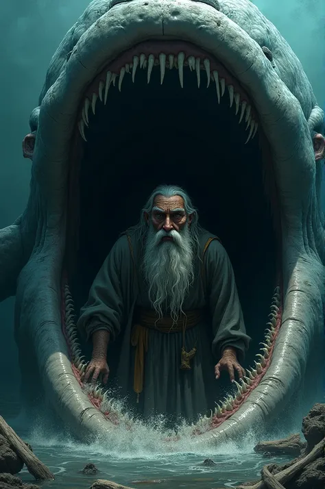 An ancient man in the mouth of whale 