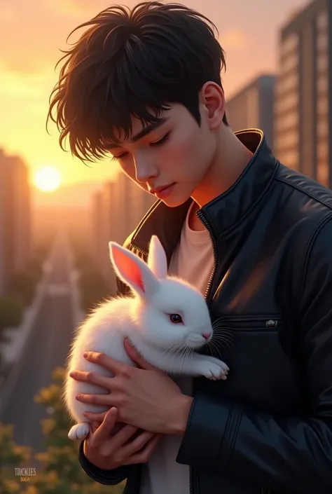 A cute rabbit in white color in a hand of boy who wear a black leather jacket and the age of boy is 20 in evening time with sunset view 