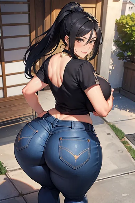 high resolution, (((house  setting))), (((mature hispanic girl ))), ((bimbo))), long black hair, ponytail, wide hips, thick thig...